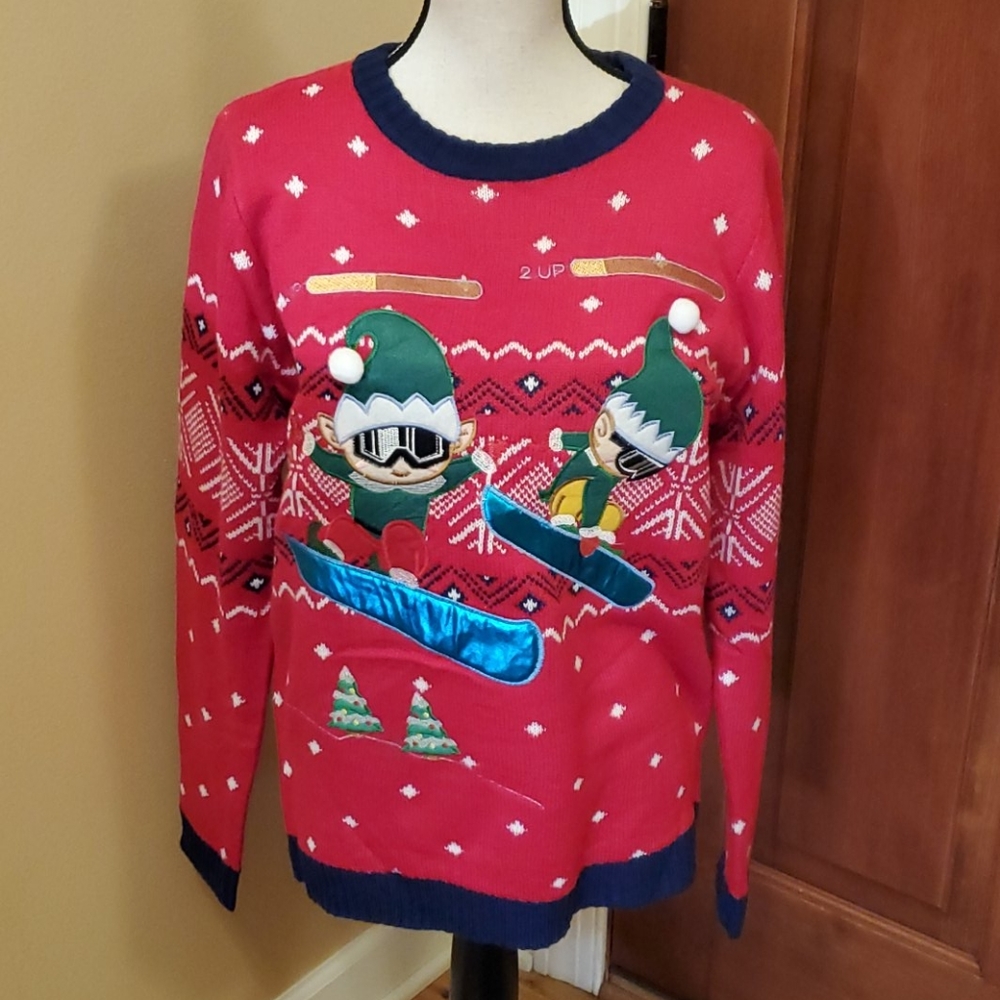 HOLIDAY CHRISTMAS SWEATER 2XL XXL NEW SKIING ELF SNOW WINTER HOLIDAY